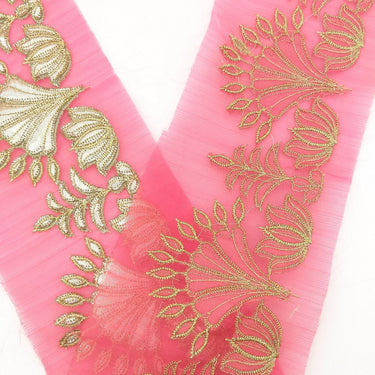 Pink Tissue Fabric Lace Trim with Gota Patti Embroidery, Foiled Embroidery in Silver, Sari Border Trim By Yard Decorative Trim Craft Lace